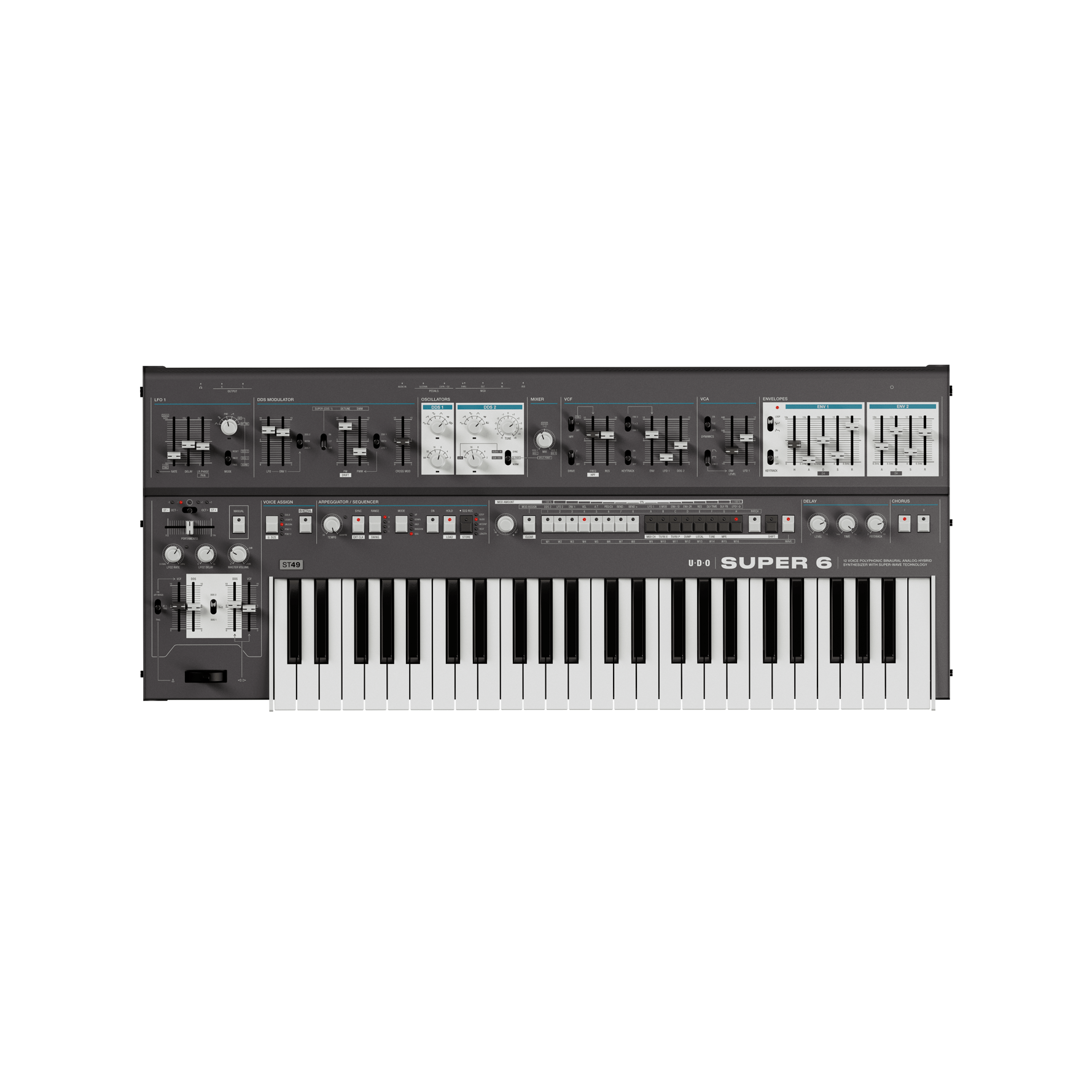 UDO Super 6 ST49 - 12 - voice polyphonic, binaural analog - hybrid synthesizer with poly aftertouch, Black - UDO