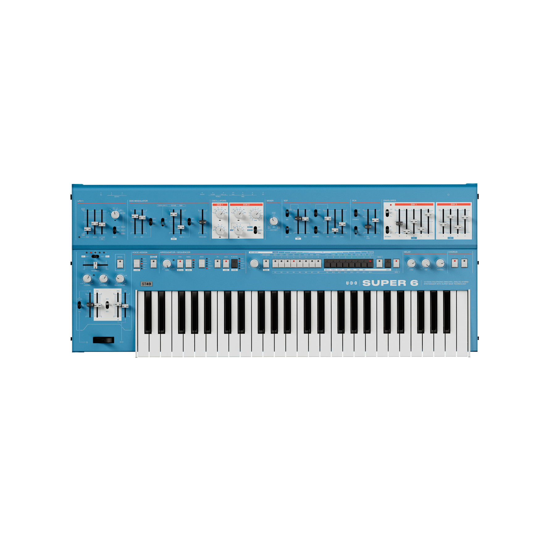 UDO Super 6 ST49 - 12 - voice polyphonic, binaural analog - hybrid synthesizer with poly aftertouch, Blue - UDO
