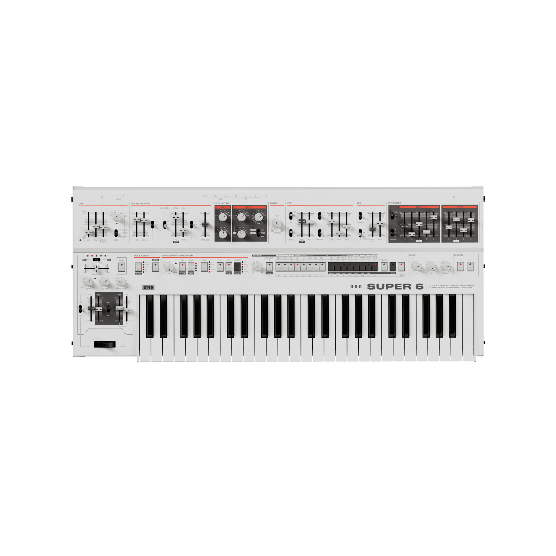 UDO Super 6 ST49 - 12 - voice polyphonic, binaural analog - hybrid synthesizer with poly aftertouch, White - UDO